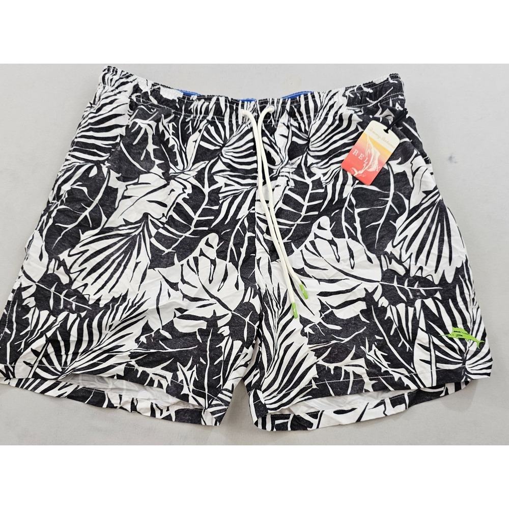 Tommy Bahama Relax Mens XL Swim Trunks Black White Floral Palm Leaf Pockets NEW
